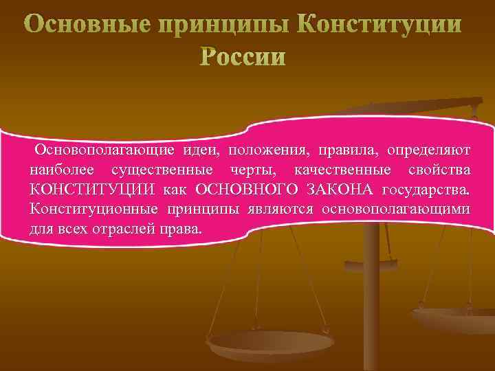 Основные принципы Конституции   России  Основополагающие идеи, положения, правила, определяют наиболее существенные