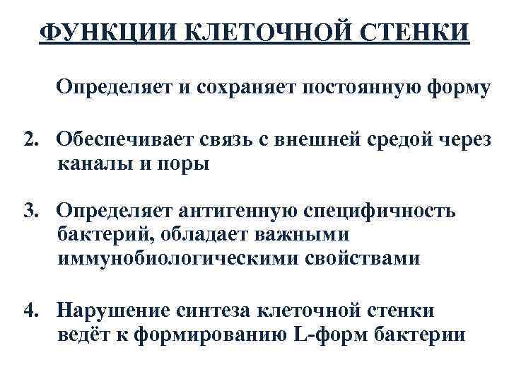  ФУНКЦИИ КЛЕТОЧНОЙ СТЕНКИ 1.  Определяет и сохраняет постоянную форму 2.  Обеспечивает