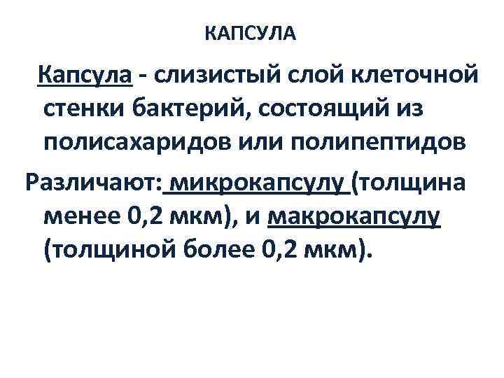    КАПСУЛА  Капсула - слизистый слой клеточной  стенки бактерий, состоящий