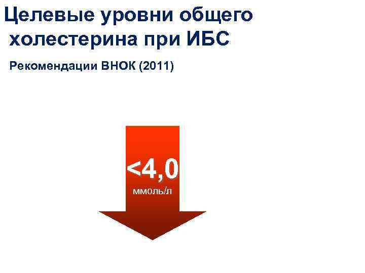 Целевые уровни общего холестерина при ИБС Рекомендации ВНОК (2011)     <4,