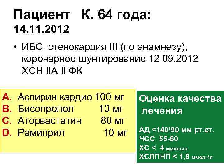  Пациент К. 64 года:  14. 11. 2012  • ИБС, стенокардия III
