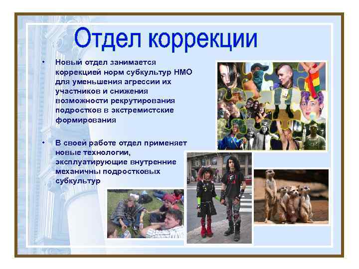  • Новый отдел занимается коррекцией норм субкультур НМО для уменьшения агрессии их участников