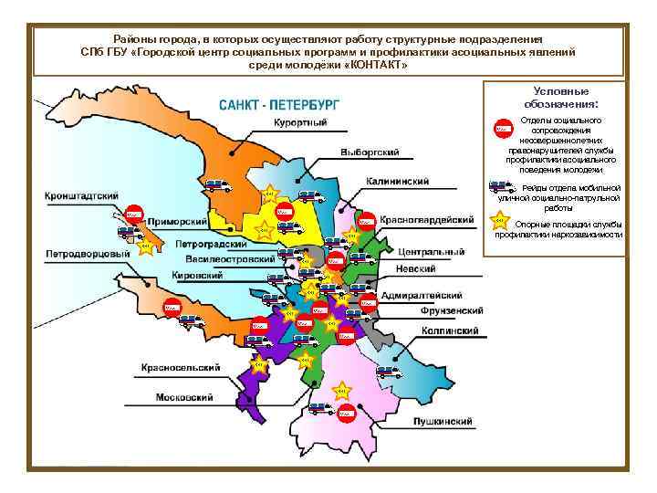 Районы города, в которых осуществляют работу структурные подразделения СПб ГБУ «Городской центр социальных программ