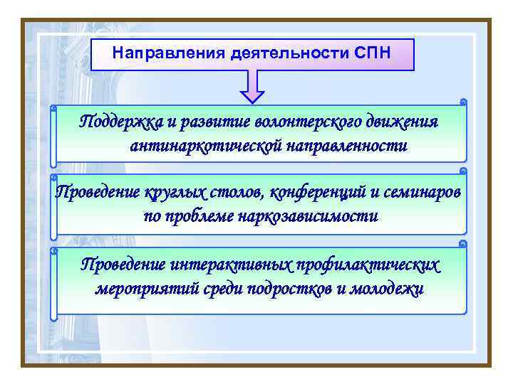 Направления деятельности СПН Поддержка и развитие волонтерского движения антинаркотической направленности Проведение круглых столов, конференций