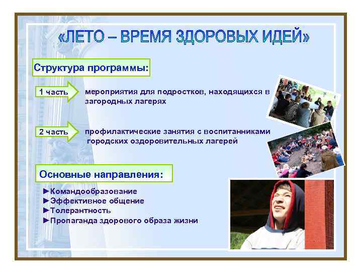 Структура программы: 1 часть мероприятия для подростков, находящихся в загородных лагерях 2 часть профилактические