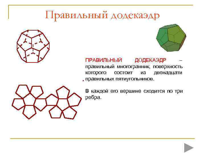 Правильный додекаэдр   ПРАВИЛЬНЫЙ   ДОДЕКАЭДР   –   правильный