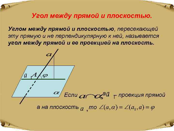  Угол между прямой и плоскостью. Углом между прямой и плоскостью, пересекающей эту