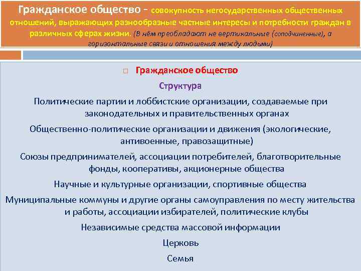  Гражданское общество - совокупность негосударственных общественных отношений, выражающих разнообразные частные интересы и потребности