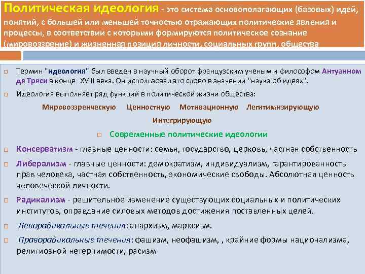 Политическая идеология - это система основополагающих (базовых) идей, понятий, с большей или меньшей точностью