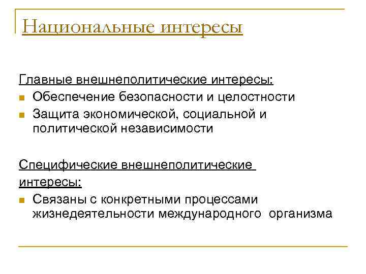 Национальные интересы Главные внешнеполитические интересы: n Обеспечение безопасности и целостности n Защита экономической, социальной