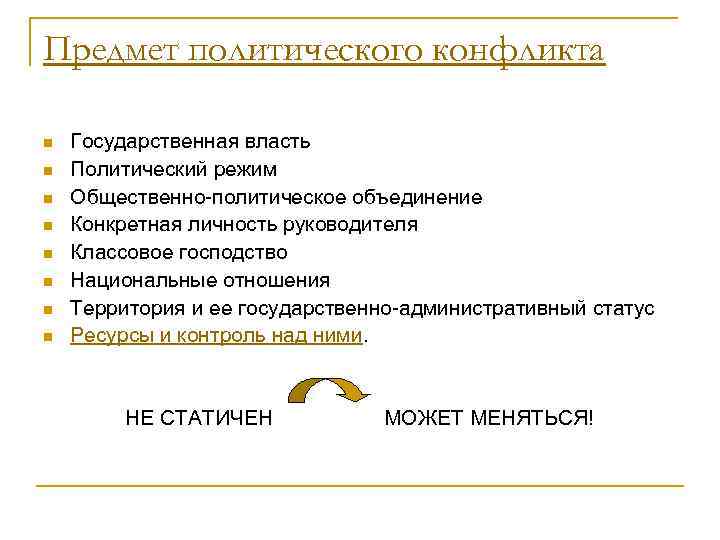 Предмет политического конфликта n  Государственная власть n  Политический режим n  Общественно-политическое
