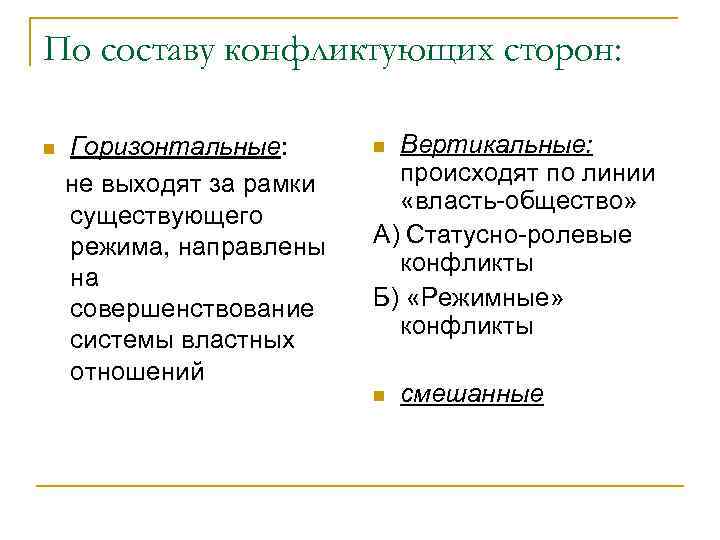 По составу конфликтующих сторон:  n  Горизонтальные:  n Вертикальные: не выходят за