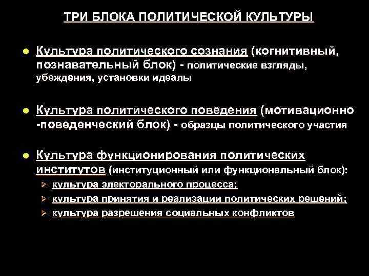   ТРИ БЛОКА ПОЛИТИЧЕСКОЙ КУЛЬТУРЫ l  Культура политического сознания (когнитивный, познавательный блок)