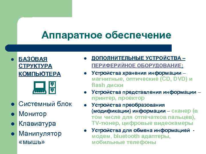 Аппаратное обеспечение l БАЗОВАЯ l ДОПОЛНИТЕЛЬНЫЕ УСТРОЙСТВА Аппаратное обеспечение l БАЗОВАЯ l ДОПОЛНИТЕЛЬНЫЕ УСТРОЙСТВА