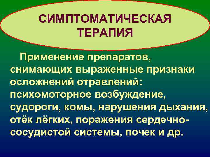 СИМПТОМАТИЧЕСКАЯ ТЕРАПИЯ Применение препаратов, снимающих выраженные признаки осложнений отравлений: СИМПТОМАТИЧЕСКАЯ ТЕРАПИЯ Применение препаратов, снимающих выраженные признаки осложнений отравлений: