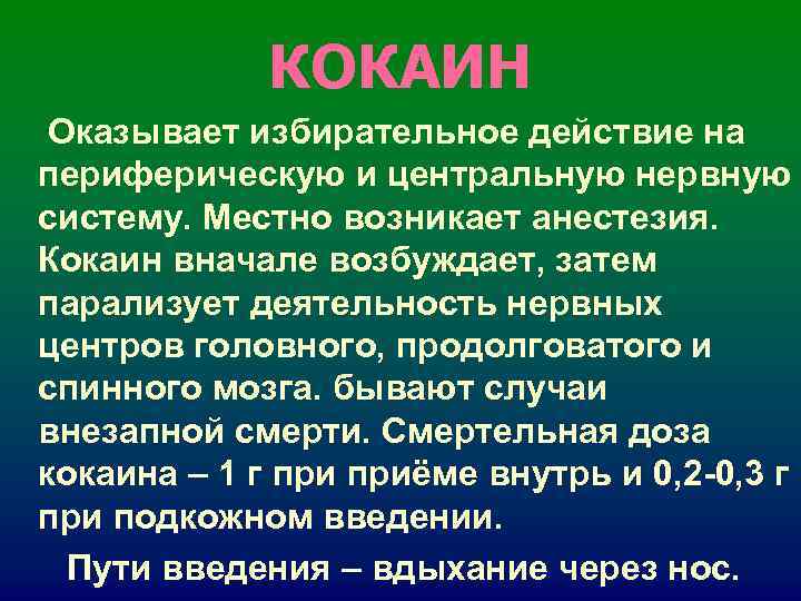 КОКАИН Оказывает избирательное действие на периферическую и центральную нервную систему. Местно КОКАИН Оказывает избирательное действие на периферическую и центральную нервную систему. Местно