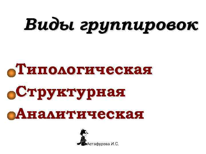 Виды группировок Типологическая Структурная Аналитическая  Астафурова И. С. 