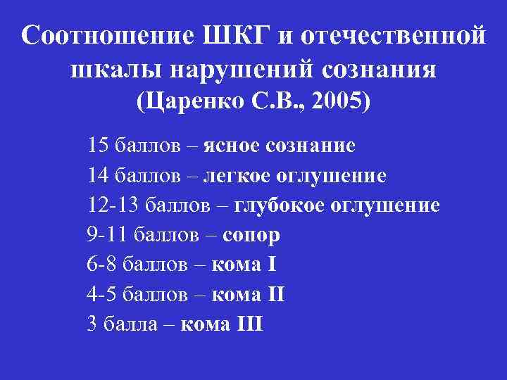 Соотношение ШКГ и отечественной шкалы нарушений сознания (Царенко С. В. , 2005) 15 баллов