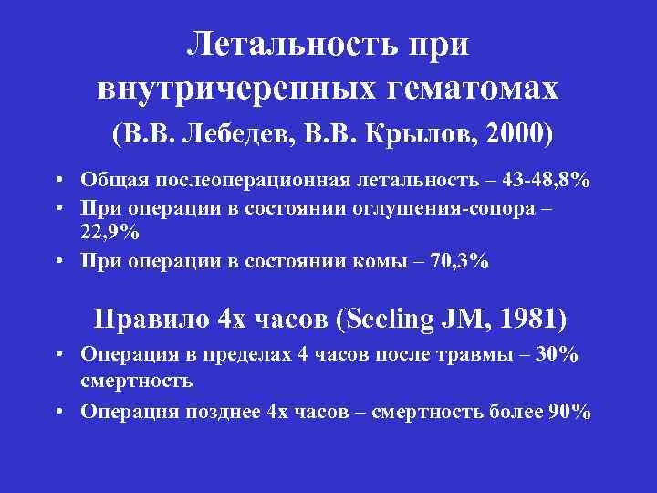 Летальность при внутричерепных гематомах (В. В. Лебедев, В. В. Крылов, 2000) • Общая послеоперационная