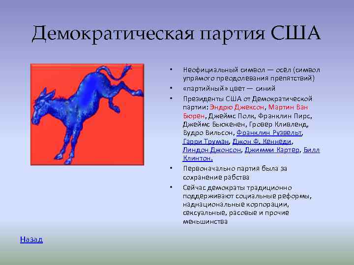 Демократическая партия США • Неофициальный символ — осёл (символ Демократическая партия США • Неофициальный символ — осёл (символ