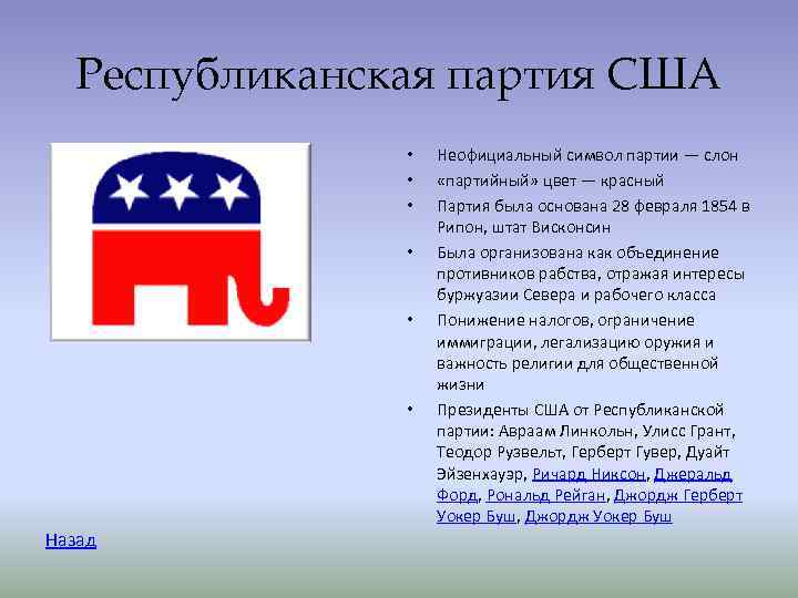Республиканская партия США • Неофициальный символ партии — слон Республиканская партия США • Неофициальный символ партии — слон