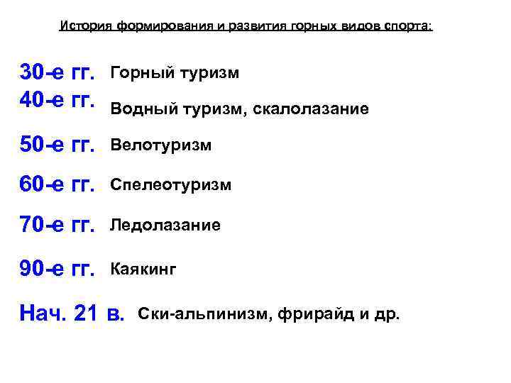   История формирования и развития горных видов спорта:  30 -е гг. 