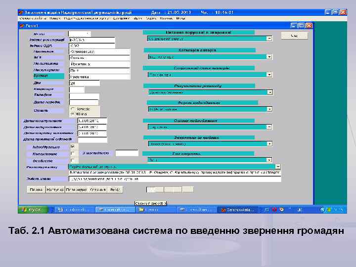 Таб. 2. 1 Автоматизована система по введенню звернення громадян 