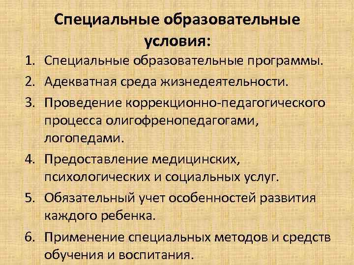   Специальные образовательные   условия: 1. Специальные образовательные программы. 2. Адекватная среда
