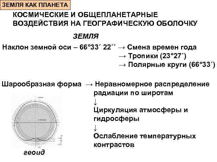 ЗЕМЛЯ КАК ПЛАНЕТА  КОСМИЧЕСКИЕ И ОБЩЕПЛАНЕТАРНЫЕ  ВОЗДЕЙСТВИЯ НА ГЕОГРАФИЧЕСКУЮ ОБОЛОЧКУ  