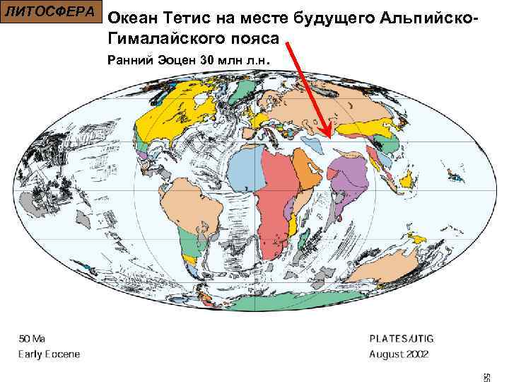 ЛИТОСФЕРА Океан Тетис на месте будущего Альпийско. Гималайского пояса Ранний Эоцен 30 млн л.