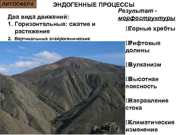 ЛИТОСФЕРА ЭНДОГЕННЫЕ ПРОЦЕССЫ Результат Два вида движений: морфоструктуры 1. Горизонтальные: сжатие и Ш Горные