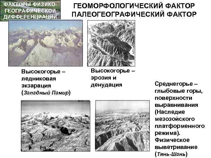 ФАКТОРЫ ФИЗИКОГЕОГРАФИЧЕСКОЙ ДИФФЕРЕНЦИАЦИИ Высокогорье – ледниковая экзарация (Западный Памир) ГЕОМОРФОЛОГИЧЕСКИЙ ФАКТОР ПАЛЕОГЕОГРАФИЧЕСКИЙ ФАКТОР Высокогорье
