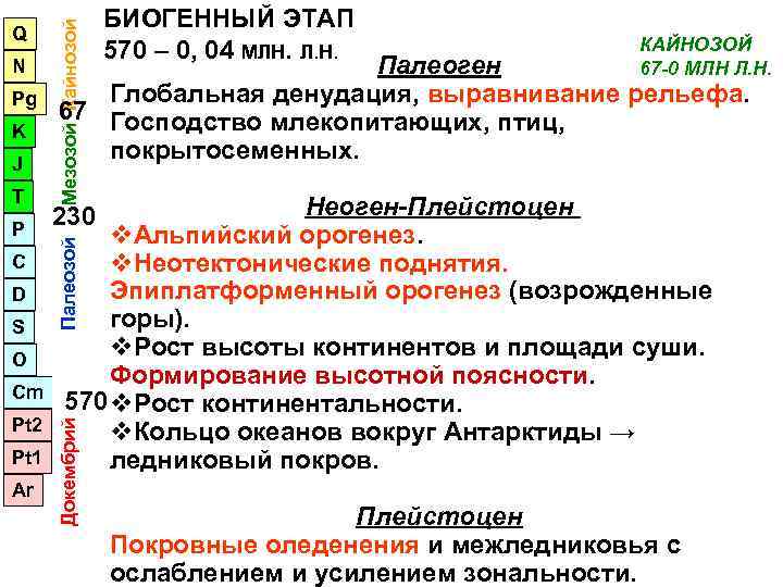      БИОГЕННЫЙ ЭТАП  Мезозой Кайнозой Q   