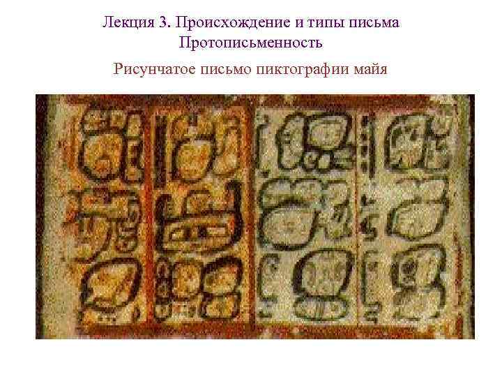 Лекция 3. Происхождение и типы письма Протописьменность Рисунчатое письмо пиктографии майя Лекция 3. Происхождение и типы письма Протописьменность Рисунчатое письмо пиктографии майя