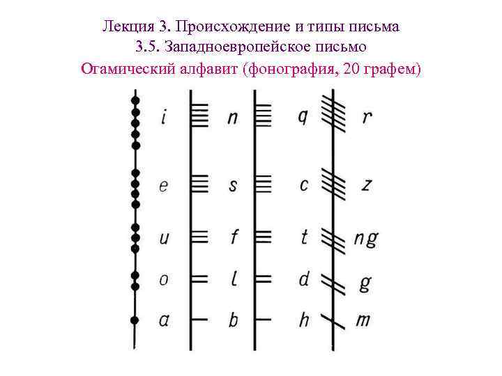 Лекция 3. Происхождение и типы письма 3. 5. Западноевропейское письмо Огамический алфавит Лекция 3. Происхождение и типы письма 3. 5. Западноевропейское письмо Огамический алфавит
