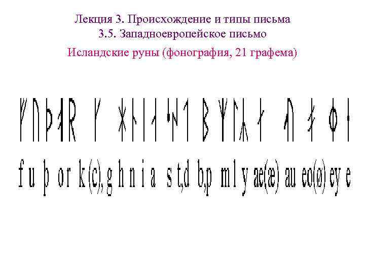 Лекция 3. Происхождение и типы письма 3. 5. Западноевропейское письмо Исландские руны (фонография, Лекция 3. Происхождение и типы письма 3. 5. Западноевропейское письмо Исландские руны (фонография,