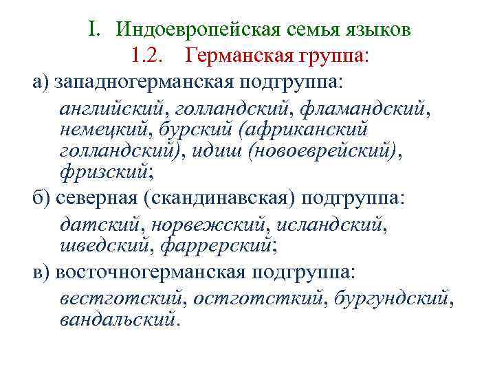 I. Индоевропейская семья языков 1. 2. Германская группа: а) западногерманская подгруппа: I. Индоевропейская семья языков 1. 2. Германская группа: а) западногерманская подгруппа:
