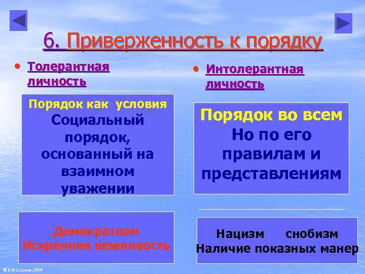      6. Приверженность к порядку • Толерантная   