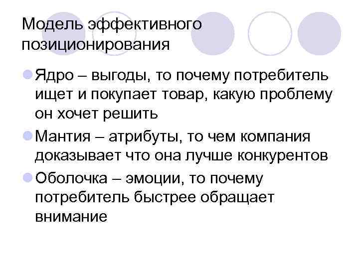 Модель эффективного позиционирования l Ядро – выгоды, то почему потребитель  ищет и покупает