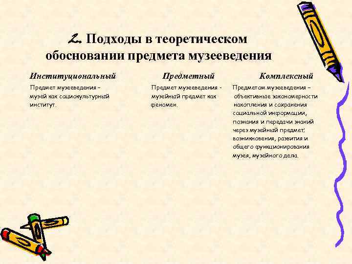   2. Подходы в теоретическом обосновании предмета музееведения Институциональный   Предметный 
