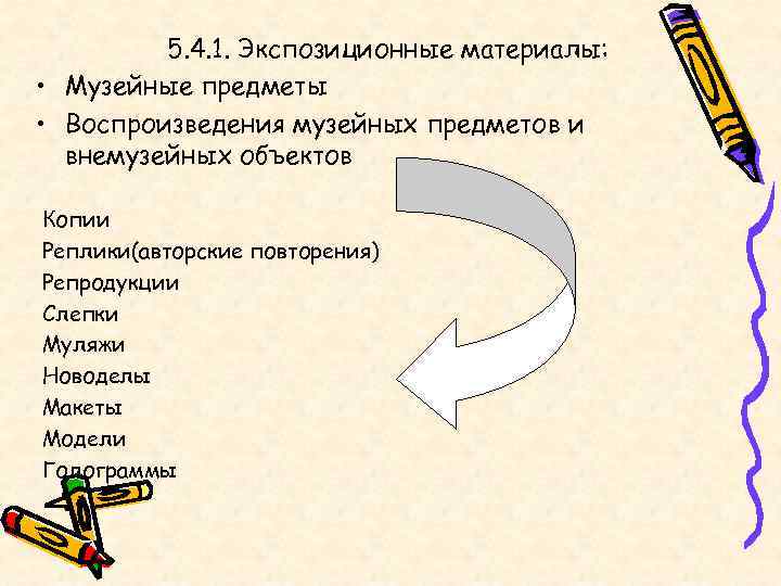    5. 4. 1. Экспозиционные материалы:  • Музейные предметы • Воспроизведения