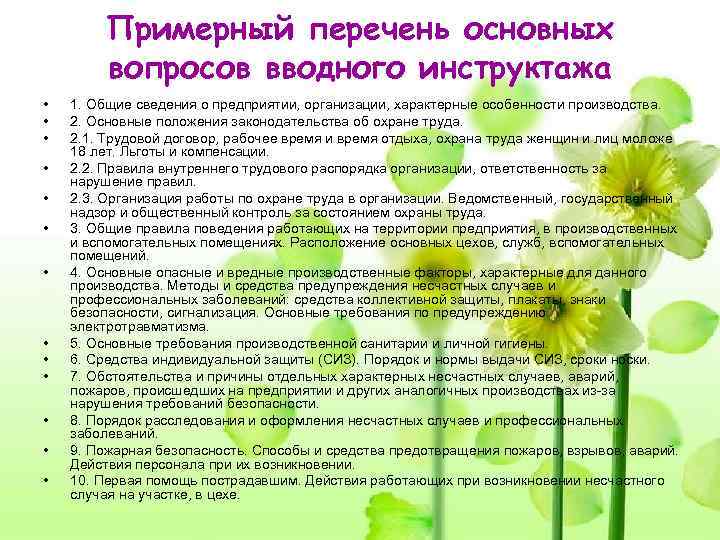   Примерный перечень основных   вопросов вводного инструктажа •  1. Общие