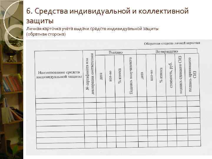 6. Средства индивидуальной и коллективной защиты Личная карточка учета выдачи средств индивидуальной защиты (обратная