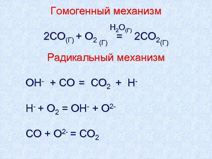  Гомогенный механизм   H 2 O (Г )  2 СO(Г) +