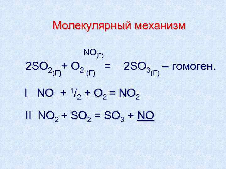  Молекулярный механизм   NO(Г) 2 SO 2(Г)+ О 2 (Г) = 