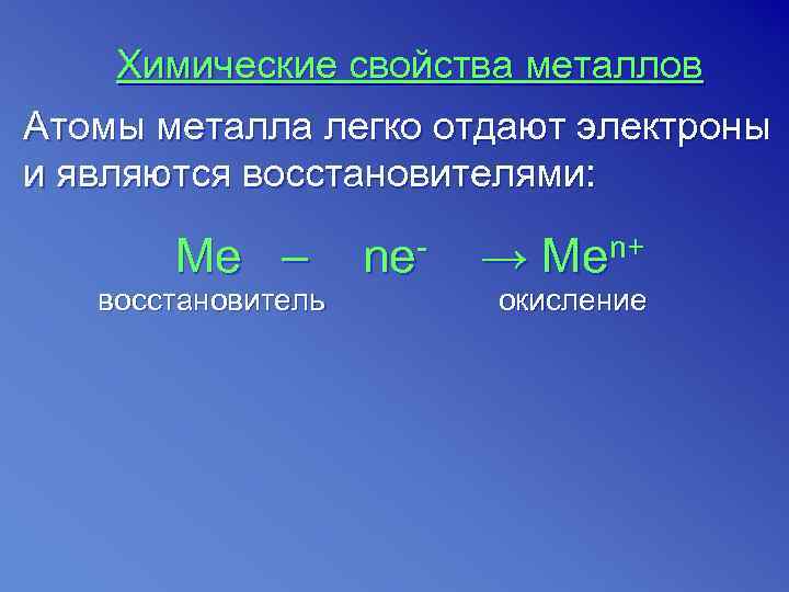   Химические свойства металлов Атомы металла легко отдают электроны и являются восстановителями: 