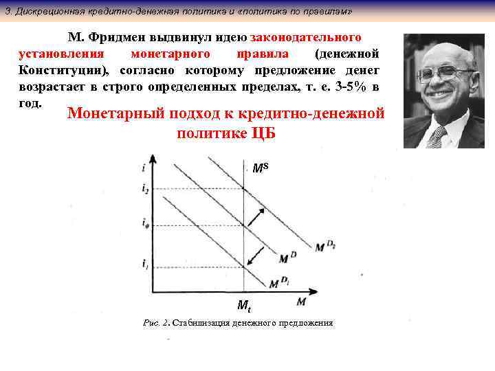 3. Дискреционная кредитно-денежная политика и «политика по правилам» М. Фридмен выдвинул идею законодательного установления