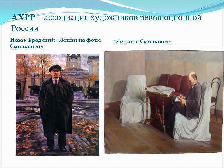 АХРР – ассоциация художников революционной России Исаак Бродский «Ленин на фоне Смольного» «Ленин в