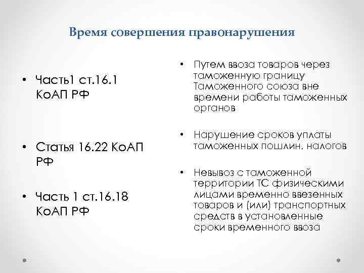   Время совершения правонарушения     • Путем ввоза товаров через