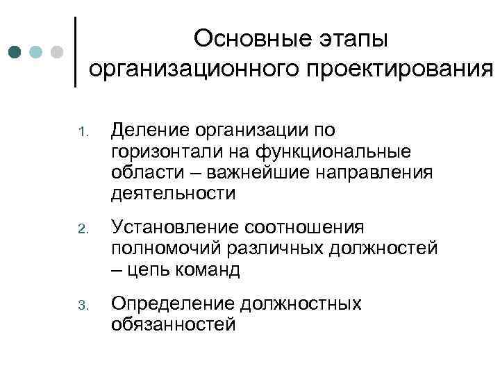    Основные этапы  организационного проектирования 1.  Деление организации по 